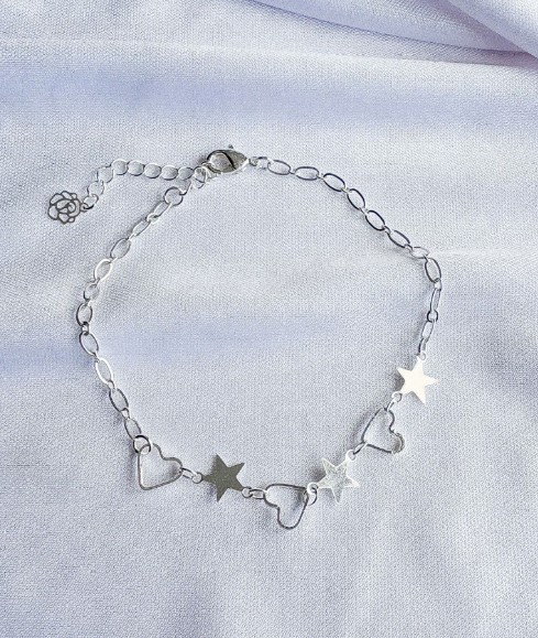 PULSEIRA ESTRELAS LISAS E CORAÇÕES VAZADOS CONT. B. PRATA
