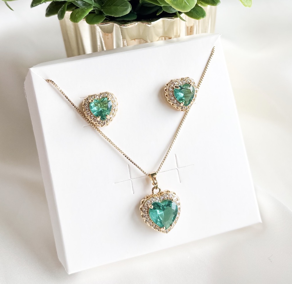 CONJUNTO LUXO CORAÇÃO TIFFANY CRAVJ B. OURO
