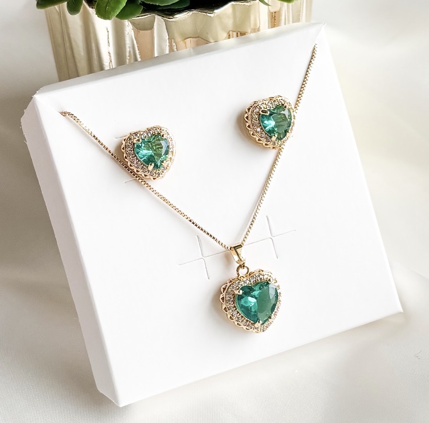 CONJUNTO LUXO CORAÇÃO TIFFANY CRAVJ B. OURO
