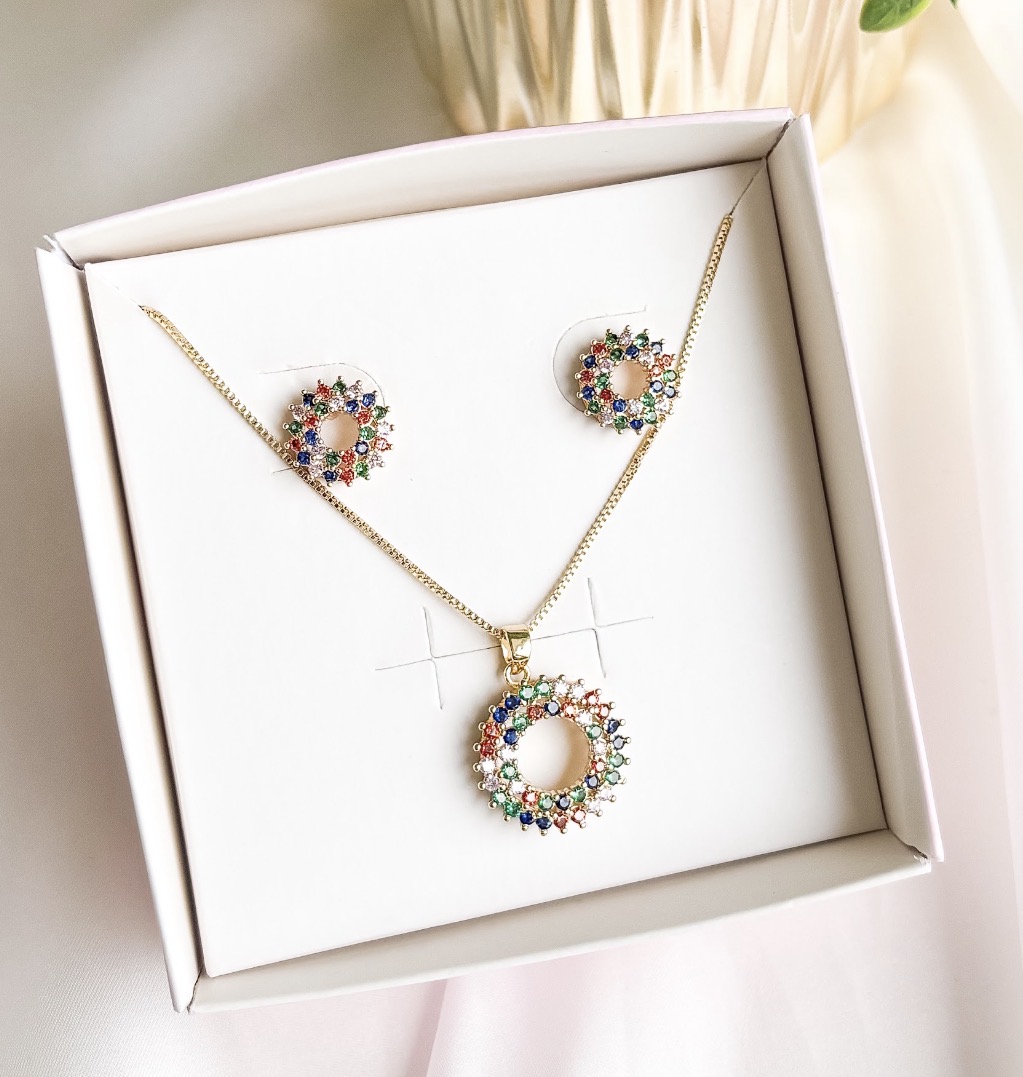 CONJUNTO CIRCULO VAZADO 2 FILEIRAS COLORS CRAVJ  B. OURO