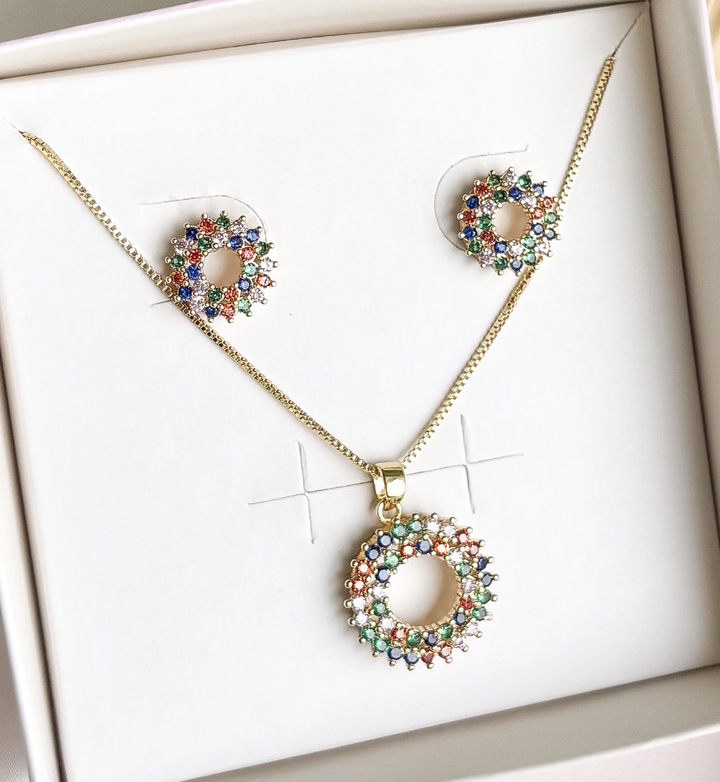 CONJUNTO CIRCULO VAZADO 2 FILEIRAS COLORS CRAVJ  B. OURO