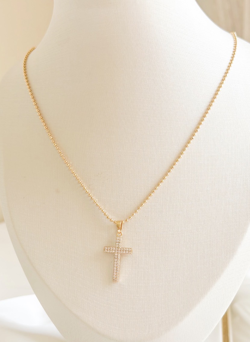 COLAR 45 CM BOLINHAS COM CRUZ CRAVJ CRISTAL B. OURO
