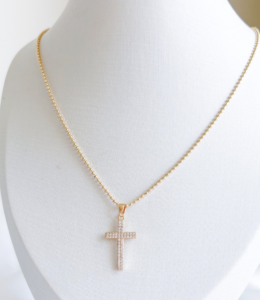 COLAR 45 CM BOLINHAS COM CRUZ CRAVJ CRISTAL B. OURO