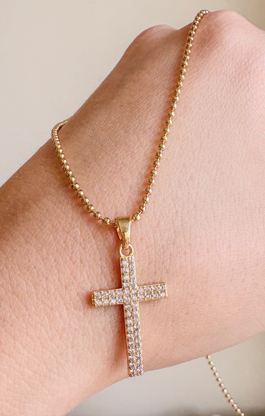 COLAR 45 CM BOLINHAS COM CRUZ CRAVJ CRISTAL B. OURO