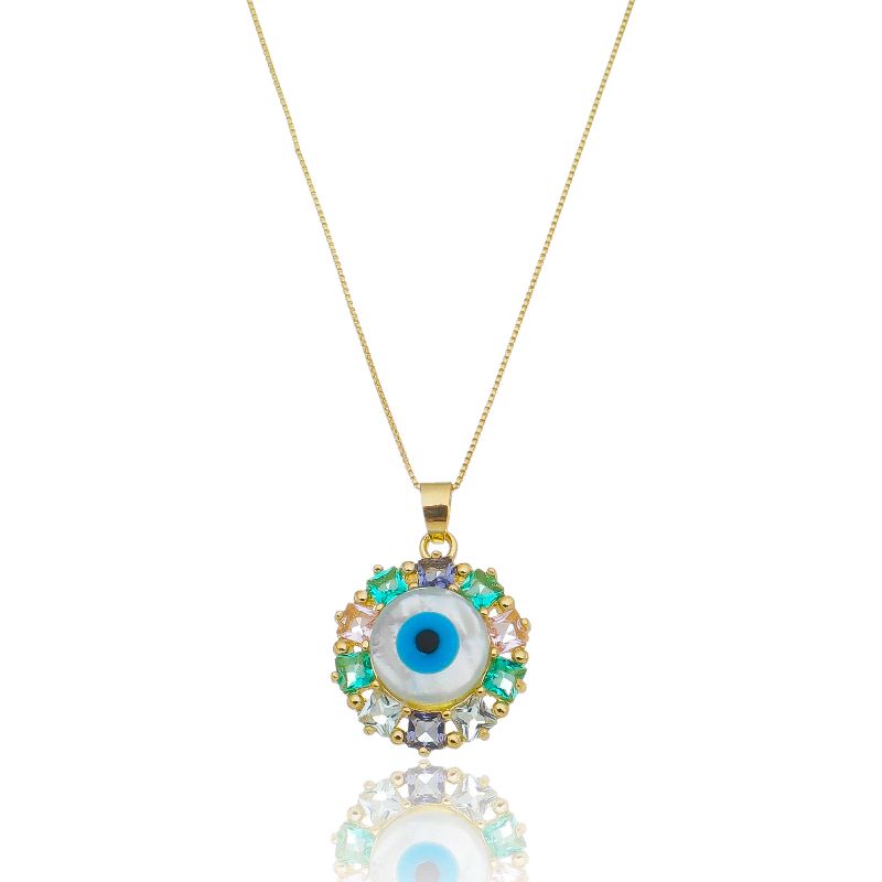 COLAR OLHO GREGO ELEGANCE COLORFUL OURO AMARELO