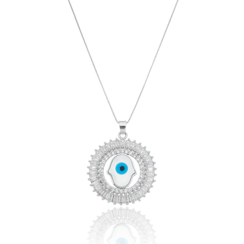 COLAR MANDALA MÃO DE FÁTIMA/OLHO GREGO OURO BRANCO