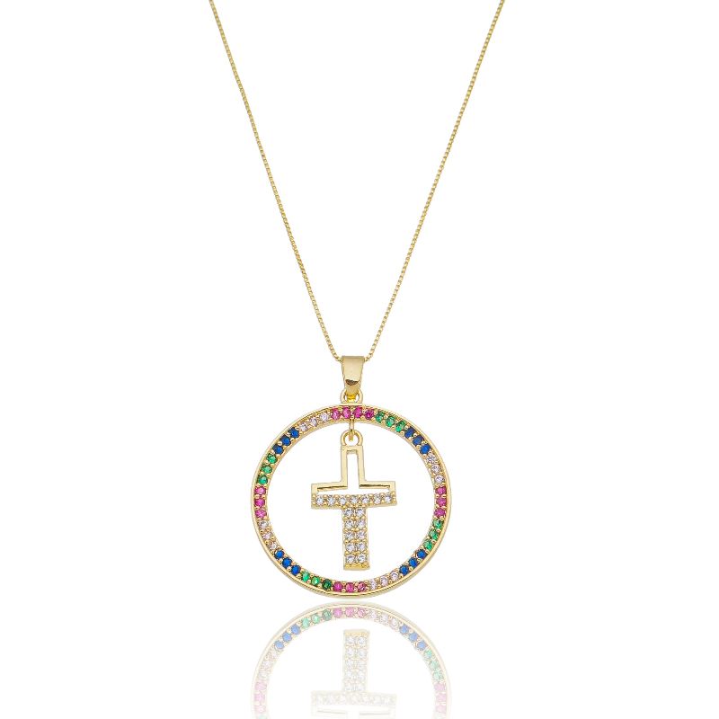 COLAR MANDALA CRUCIFIXO COLORFUL OURO AMARELO