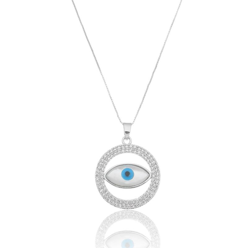 COLAR MANDALA OLHO GREGO NAVETE OURO BRANCO