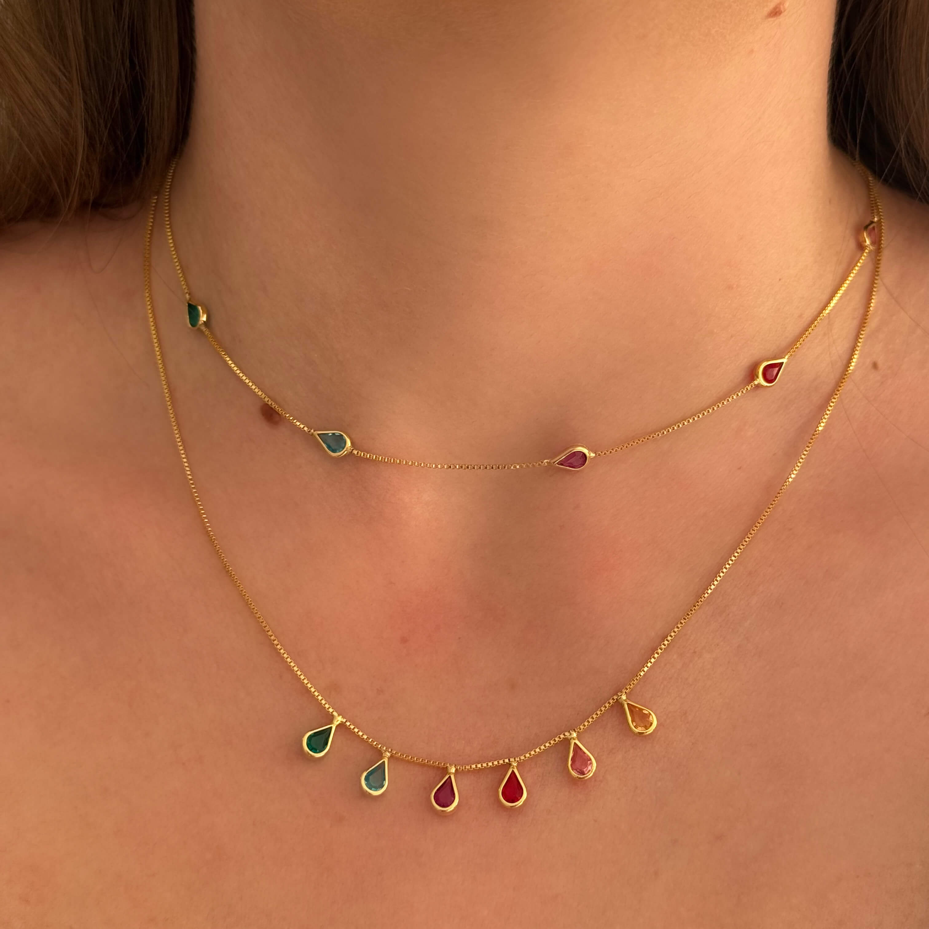 Colar Choker Gotas Coloridas Ouro