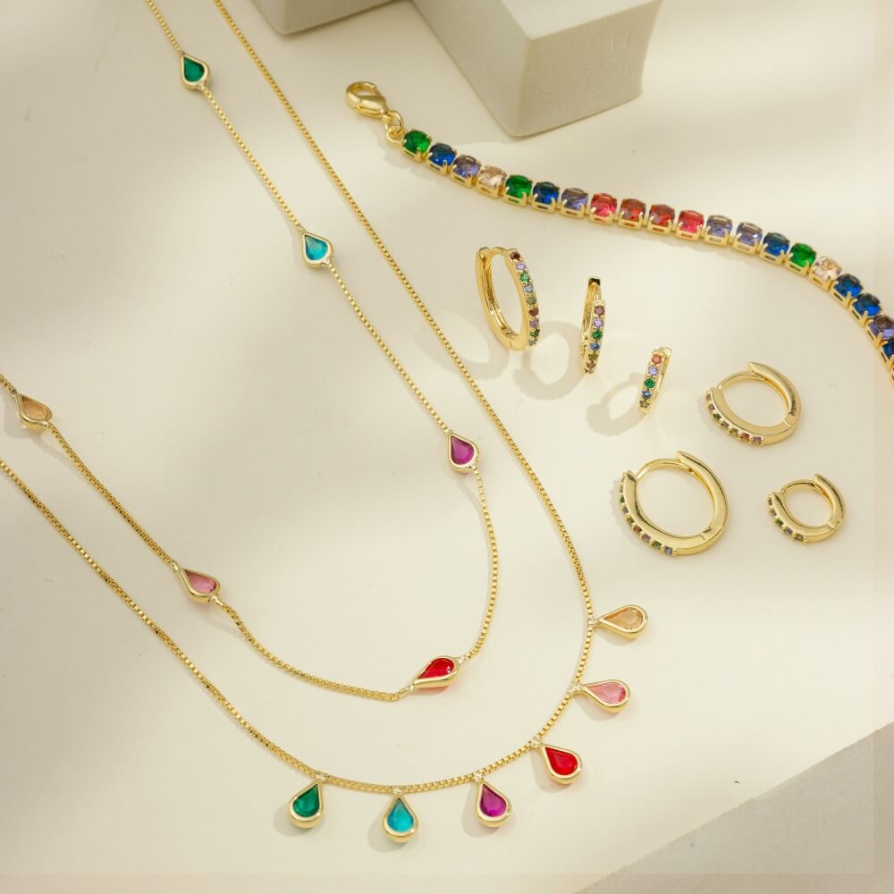 Colar Choker Gotas Coloridas Ouro