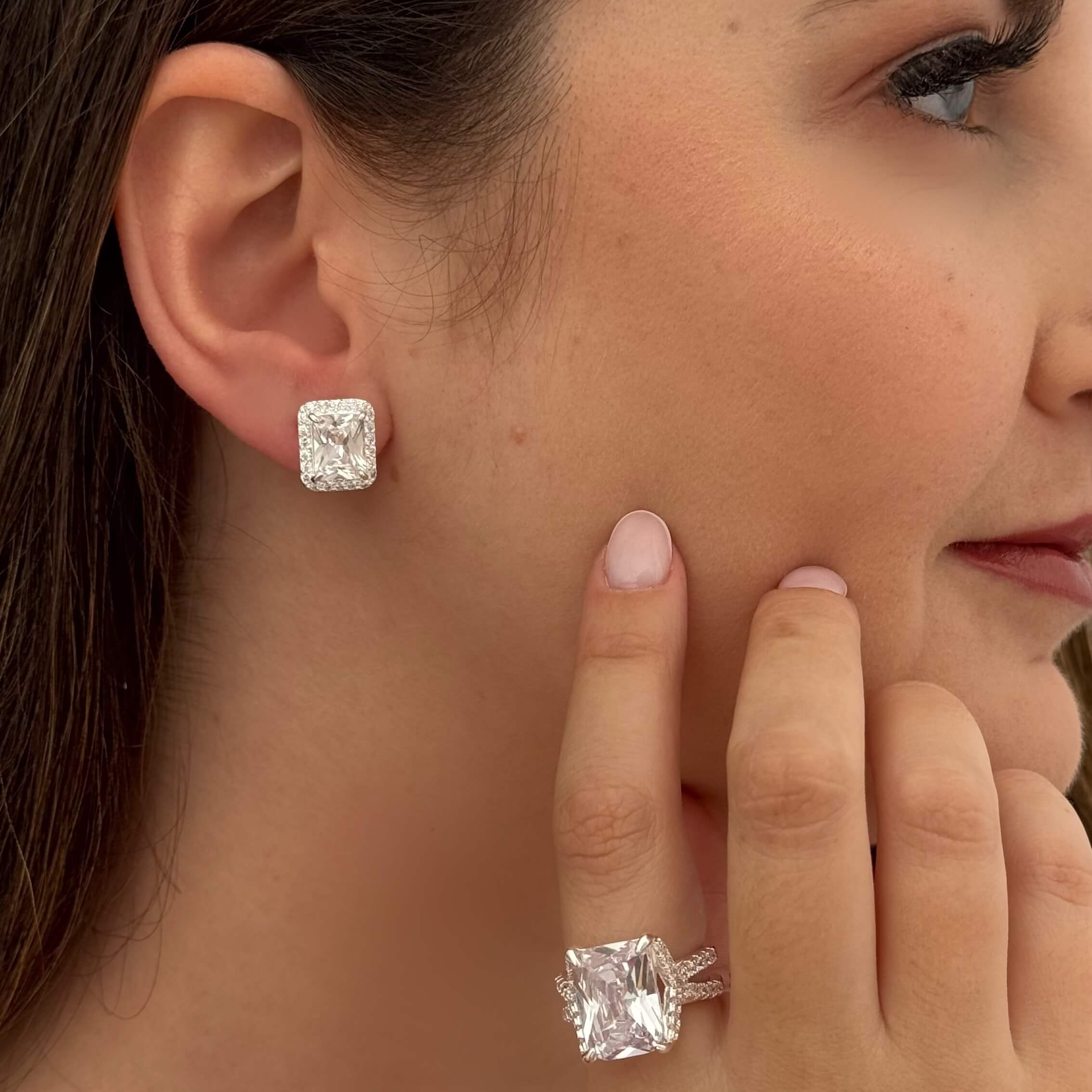 Brinco Retângulo Cristal Luxo Prata