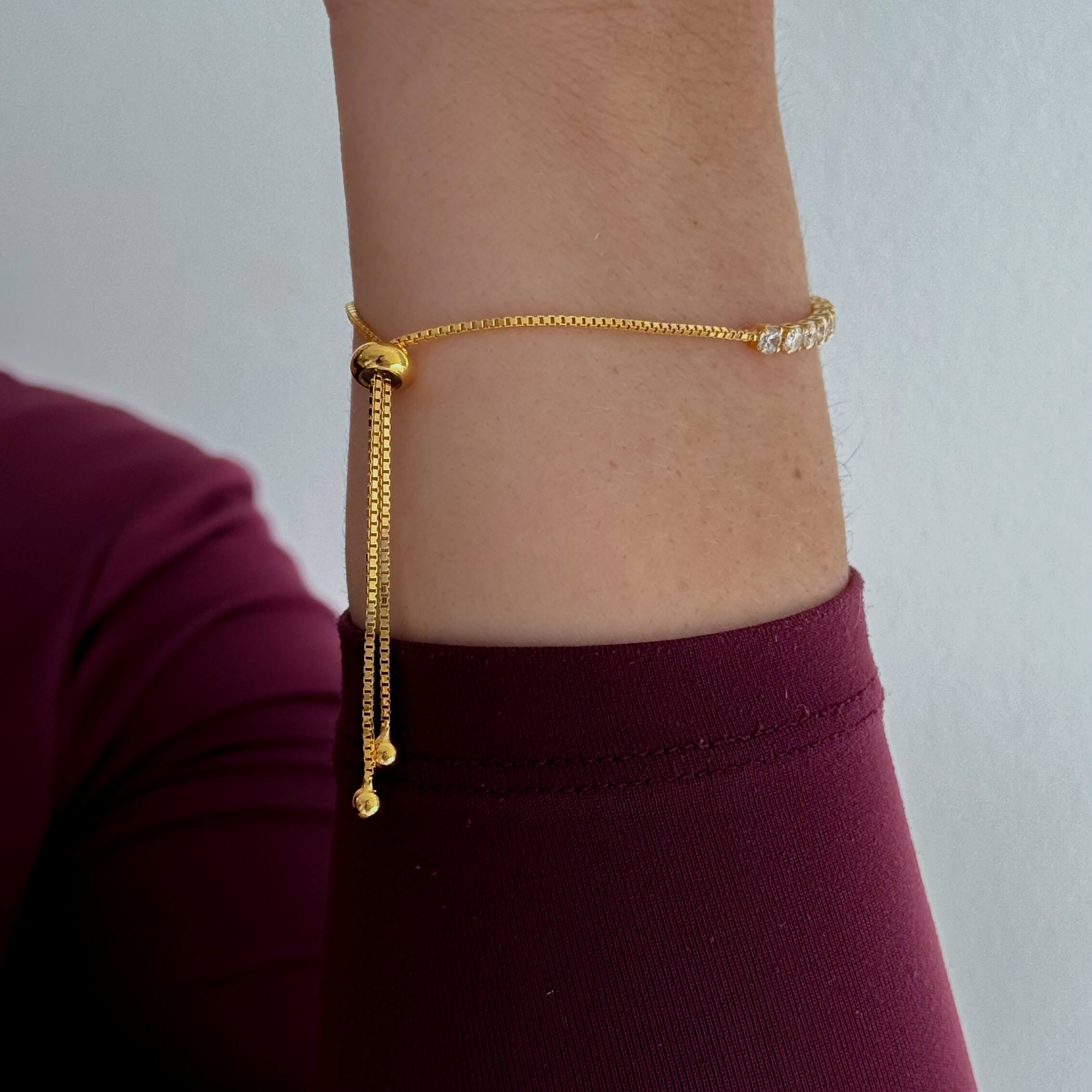 Pulseira Esferas Zircônias Ajustável Ouro