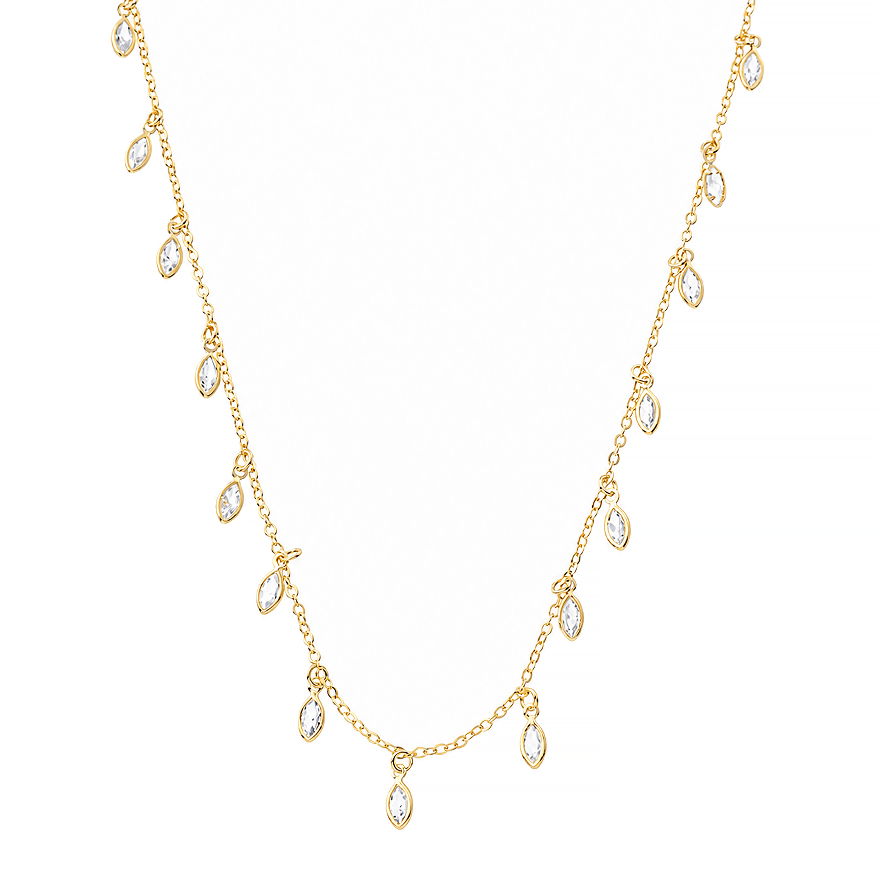 Colar Navetes Cristais 70cm Ouro