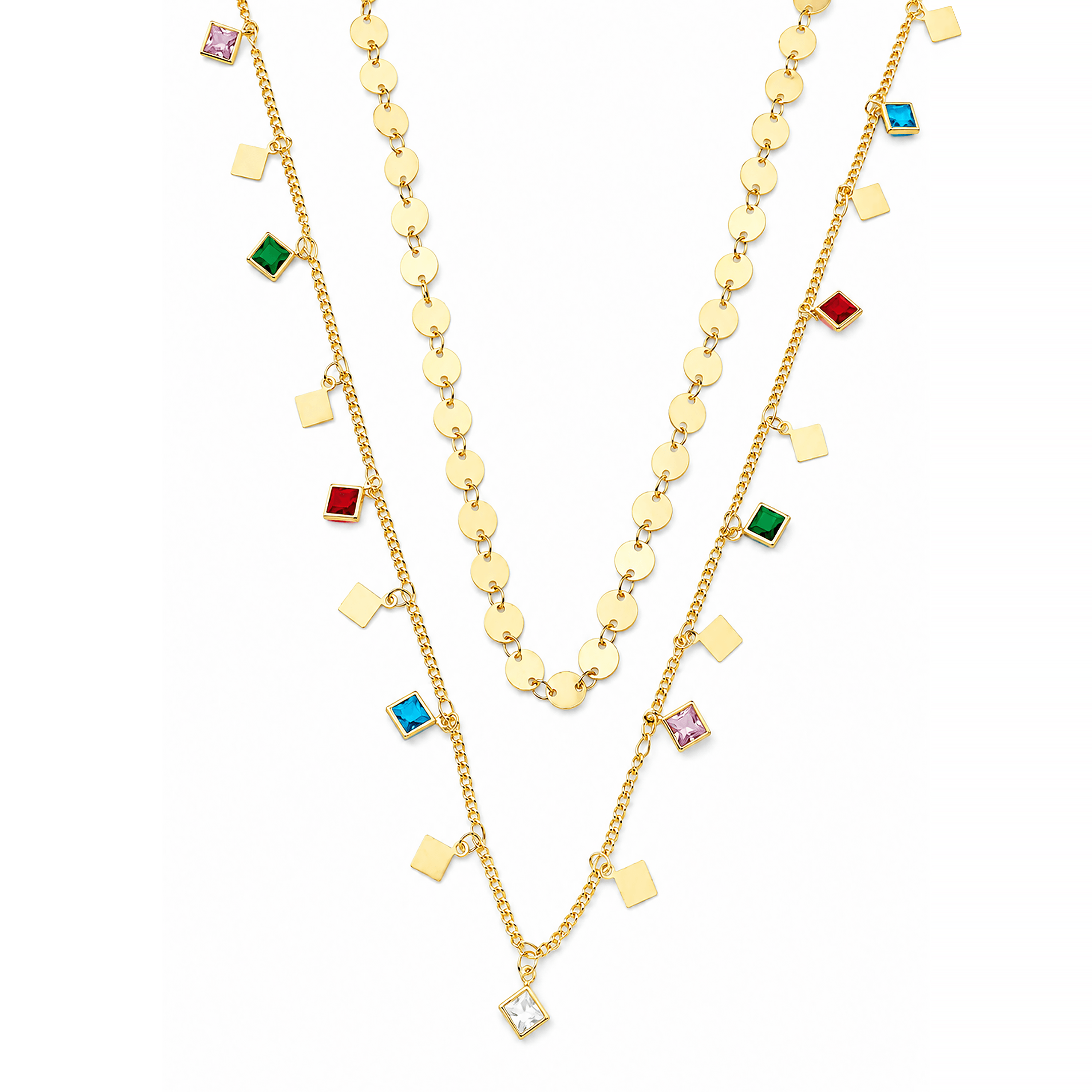 Colar Duplo Medalhas e Pingentes Coloridos Ouro