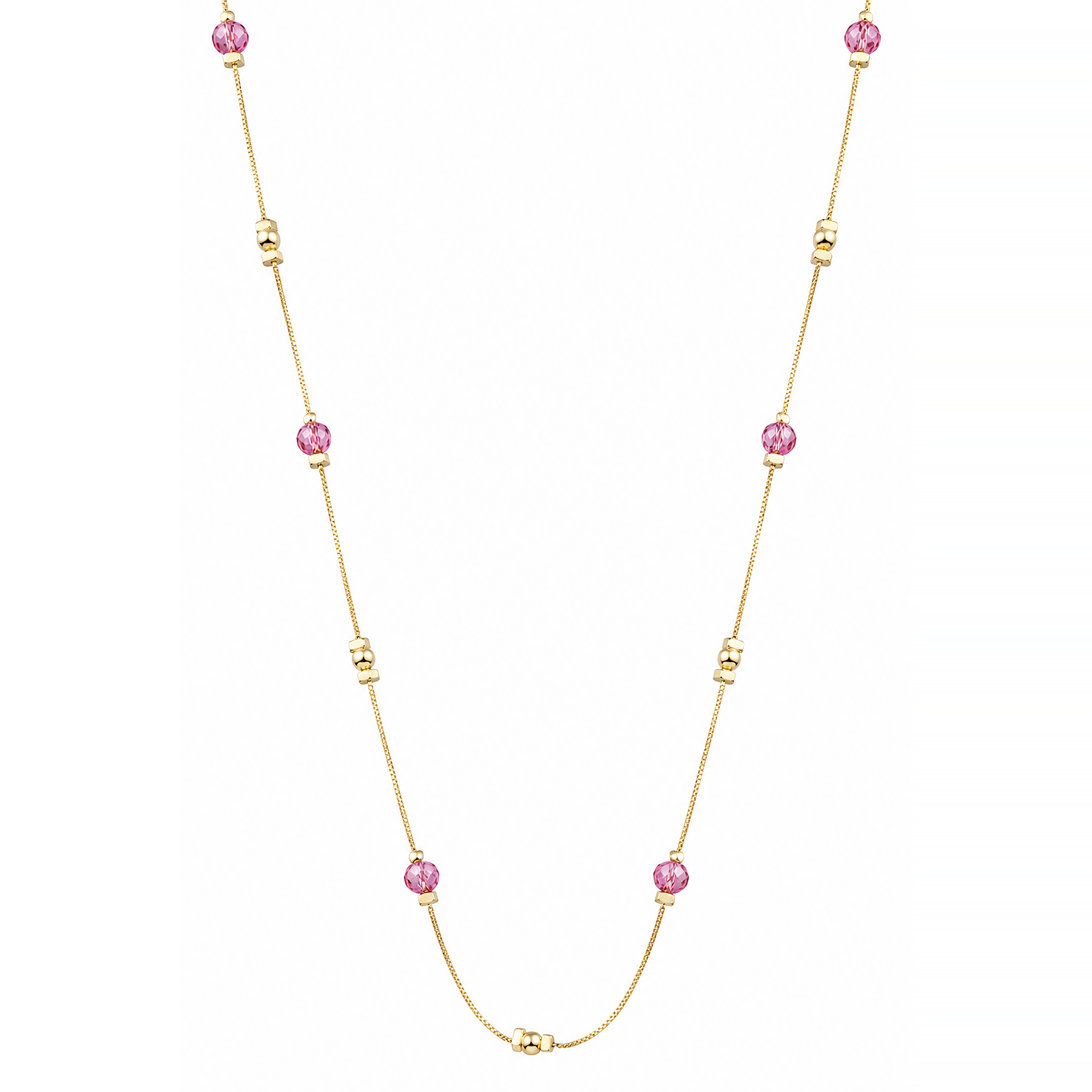 Colar Cristais Rosas 70 cm Ouro