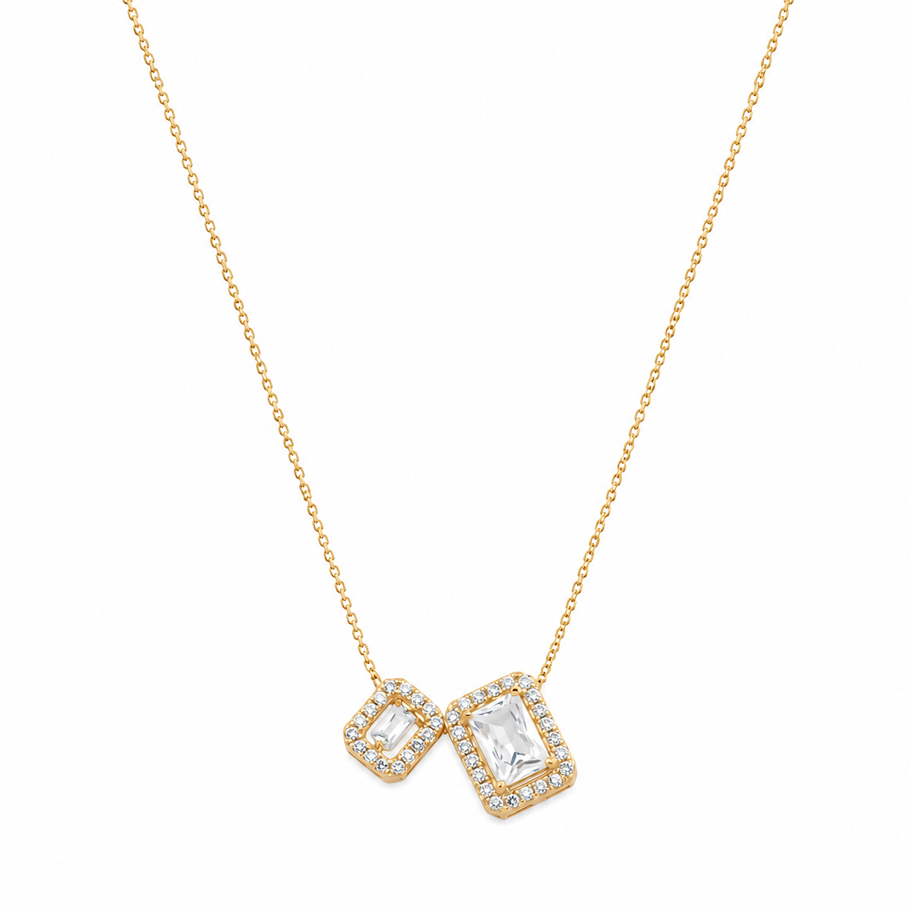 Colar Cristal Retangular Duplo Cravejado Ouro