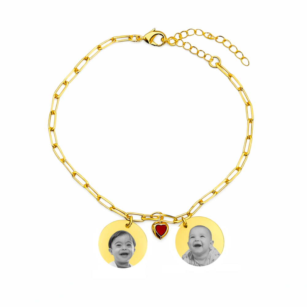 Pulseira Personalizada 2 Medalhas Fotogravação e Pingente Coração Ouro