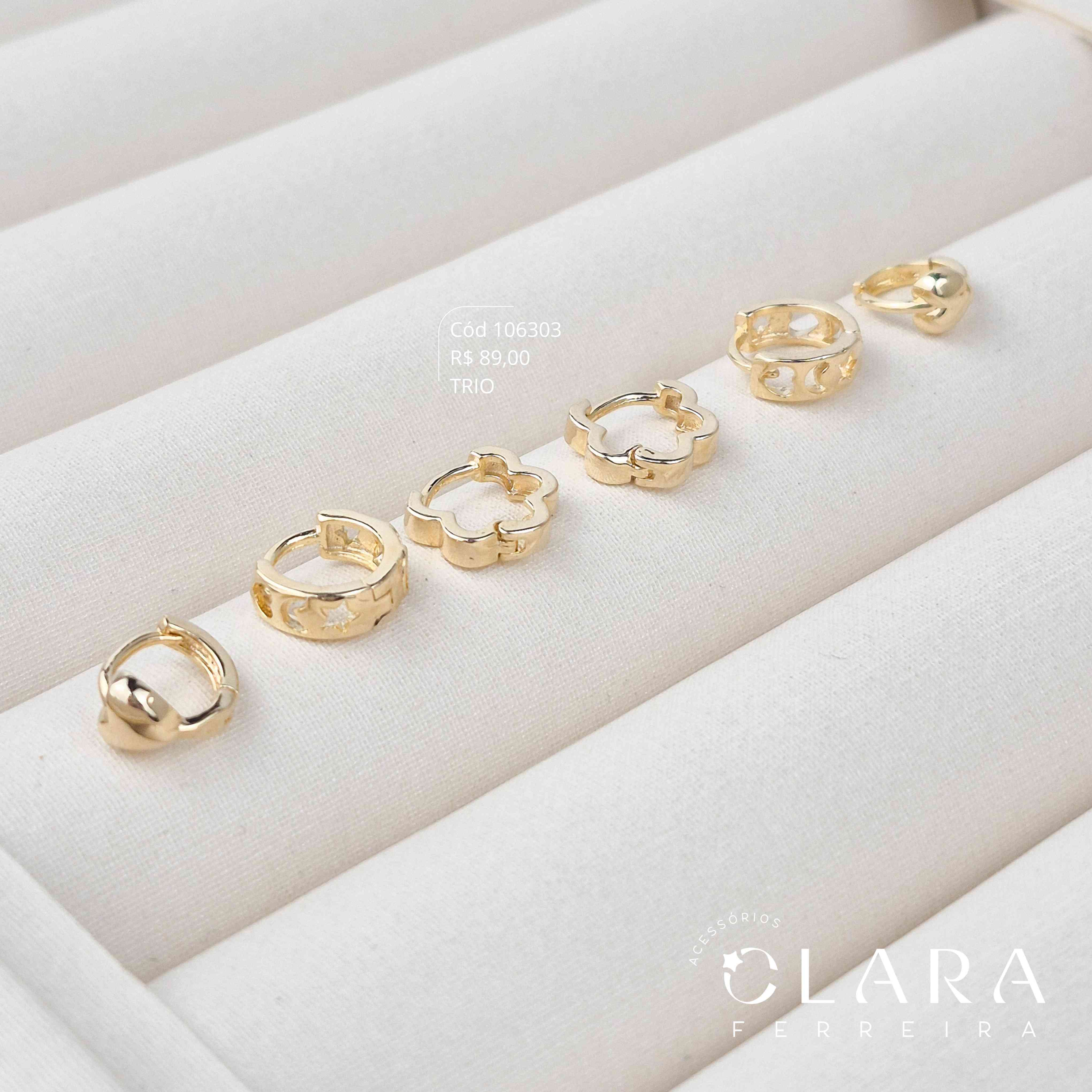 KIT TRIO ARGOLINHA CLICK: LUA, ESTRELA E CORAÇÃO; FORMATO FLOR E CORAÇÃO LISO - 9X2MM - COLEÇÃO MEUS PRIMEIROS BRINCOS