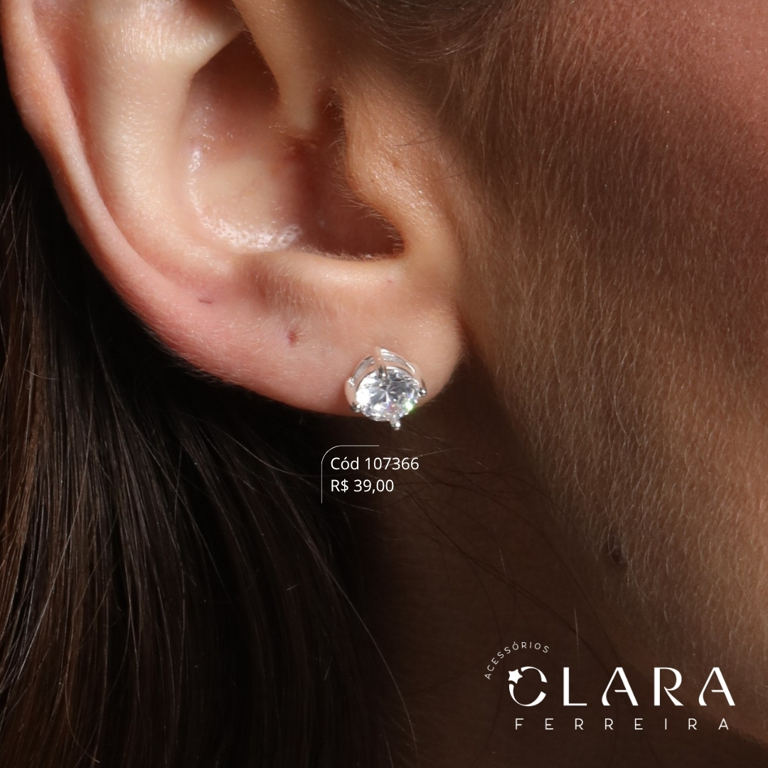 BRINCO SOLITARIO ZIRCONIA REDONDA 6MM CAIXA INGLESA FUNDIDA 4 GARRAS - Banho de Prata