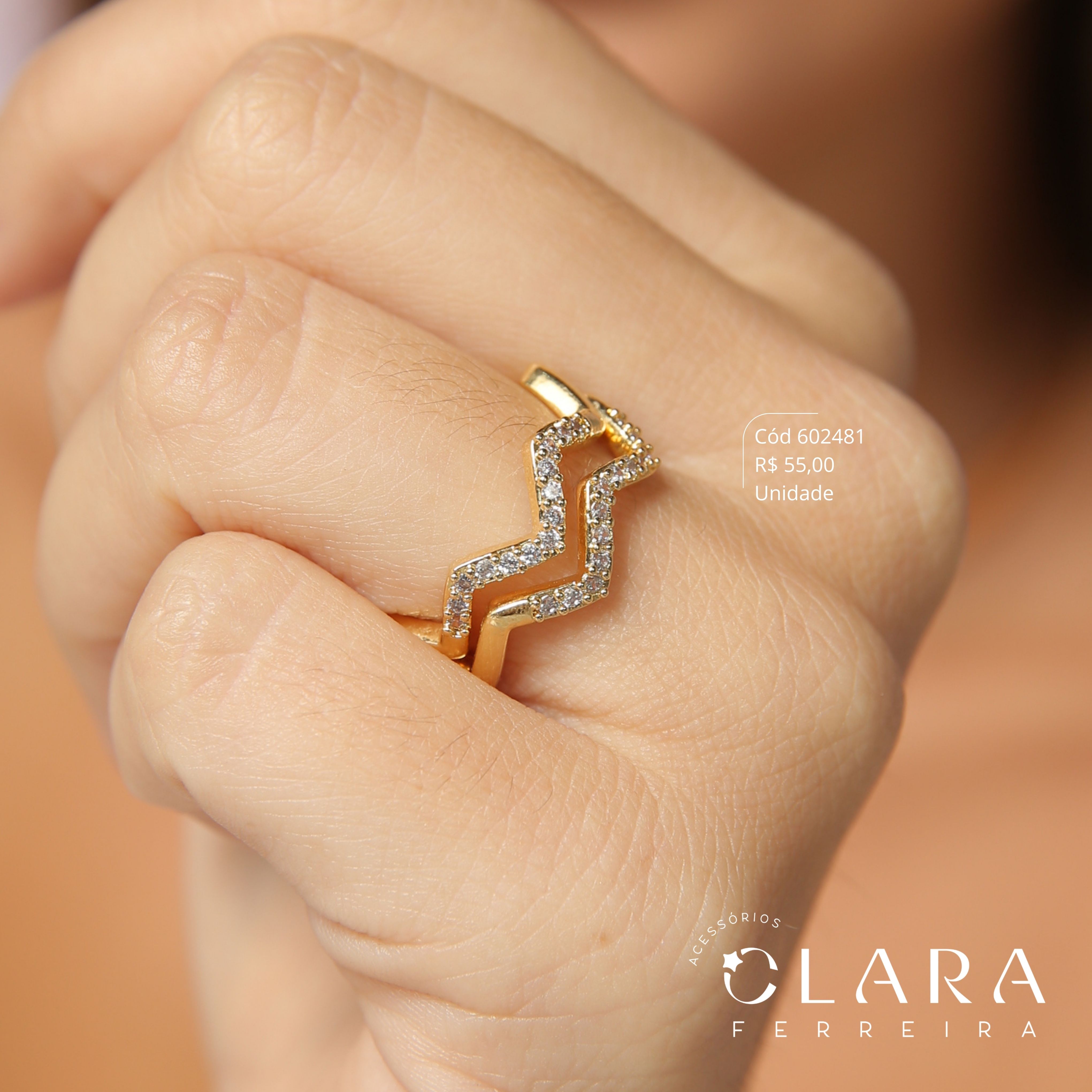 ANEL ONDULADO ZIG ZAG MICROZIRCONIAS - Dourado
