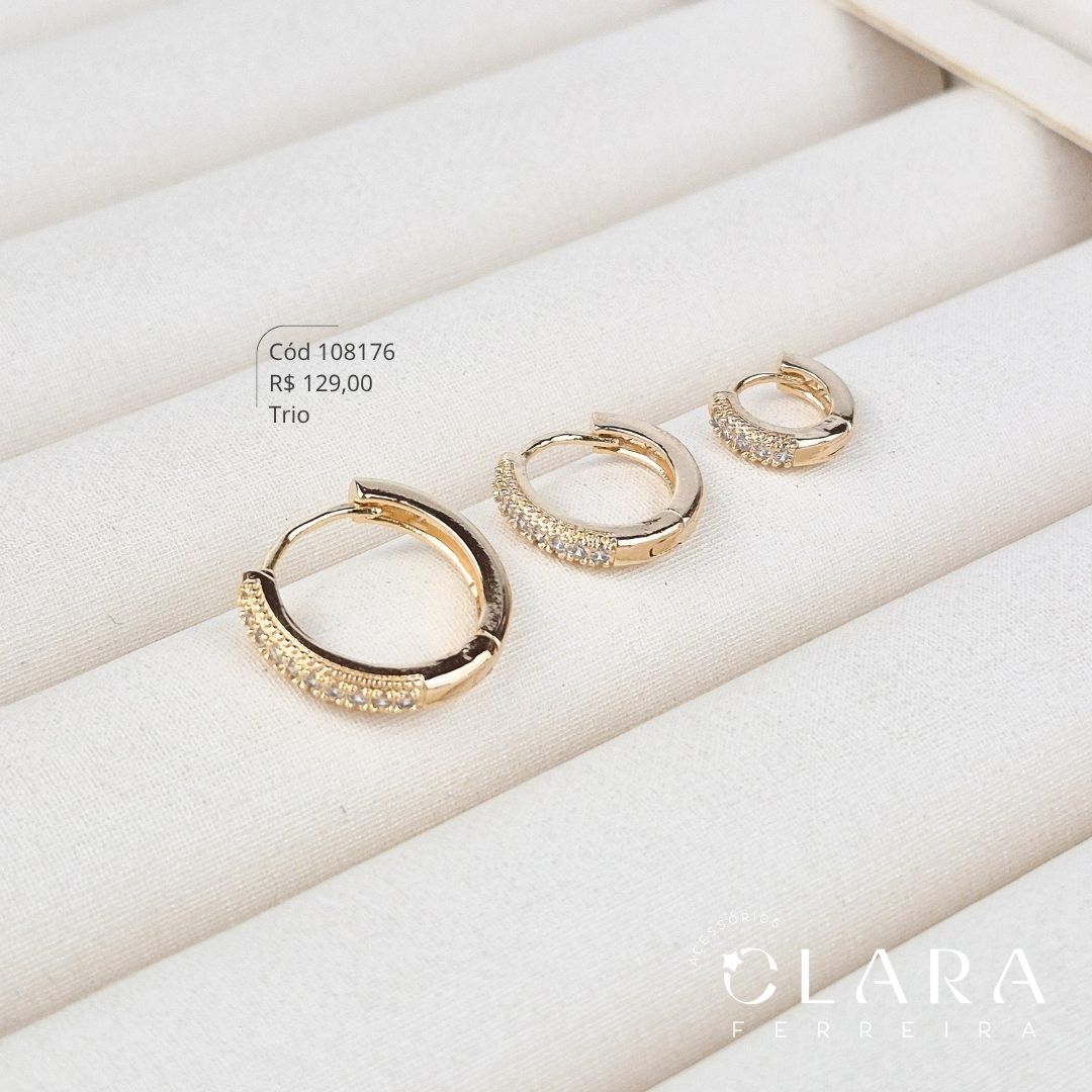 BRINCO KIT TRIO ARGOLINHA CLICK 1 FILEIRA MICROZIRCONIAS C/ BORDA JATEADA 10,13 E 16X3MM - Dourado