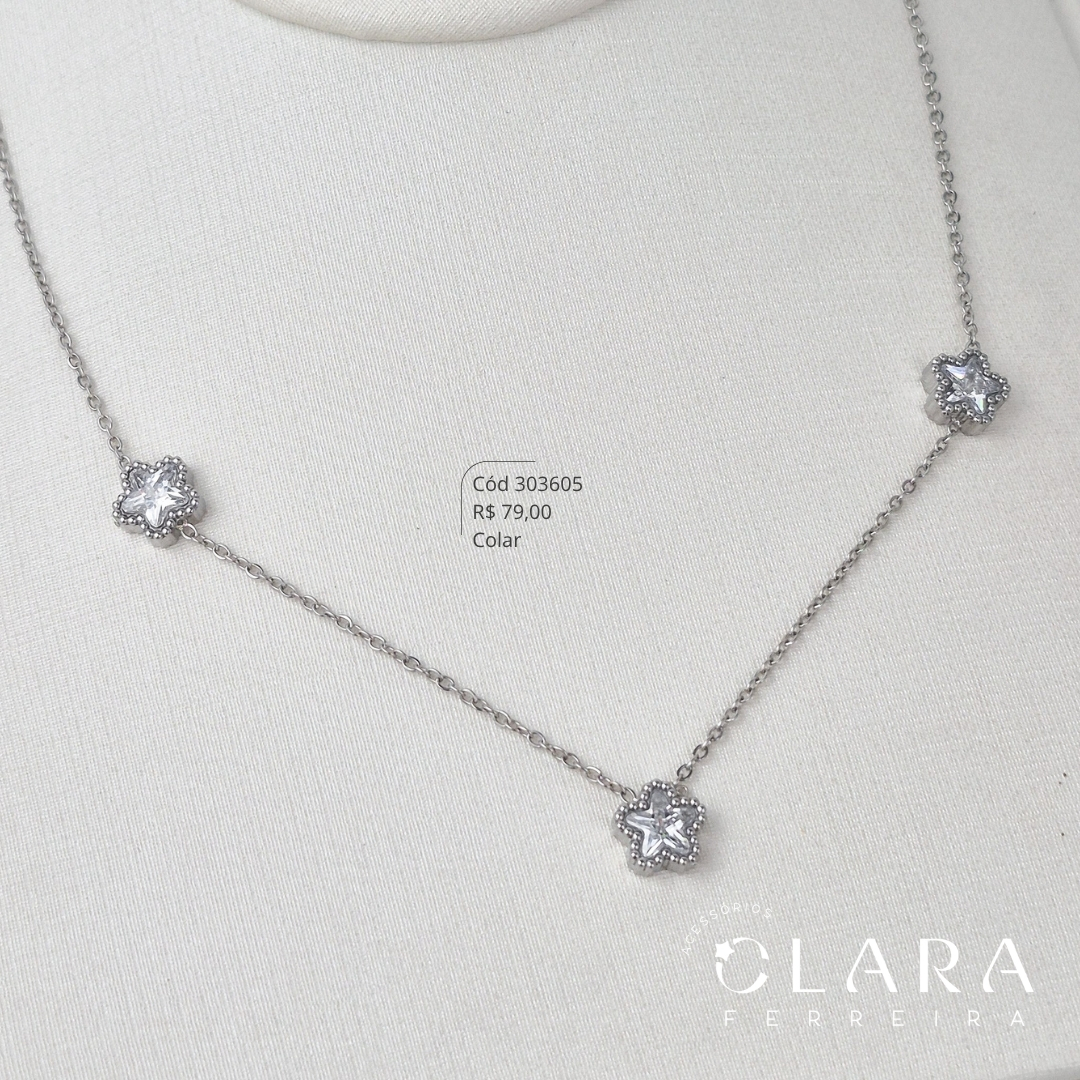 COLAR ELOS C/ 3 FLORES 8MM MIOLO ZIRCONIA CRISTAL FIXAS - 45CM - Aço