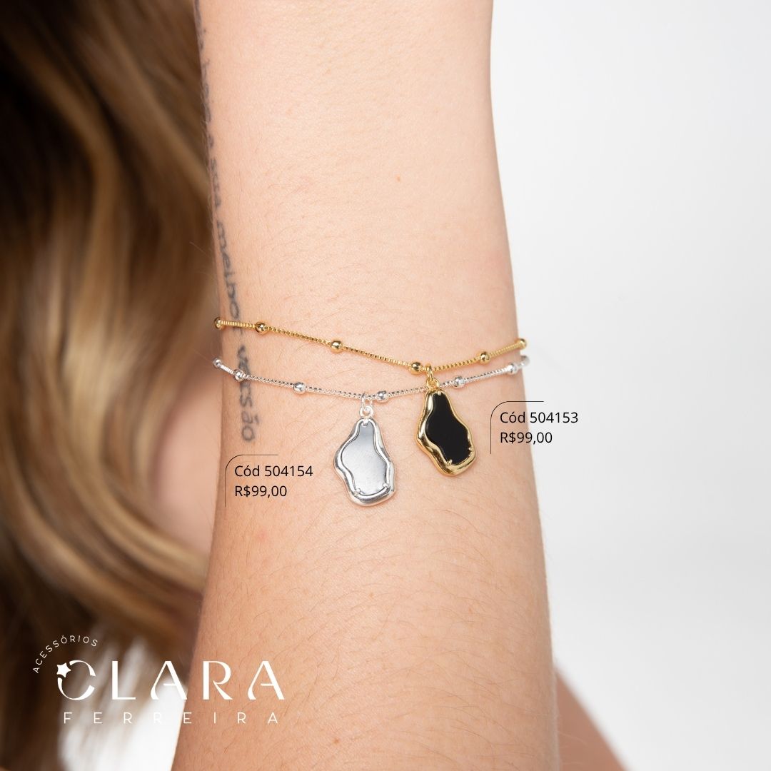 PULSEIRA VENEZIANA C/ BOLINHAS COM PINGENTE CRISTAL PRETO CAIXA FUNDIDA PENDUTADO - 15MM - 17CM - Banho de Prata - LIMITADA
