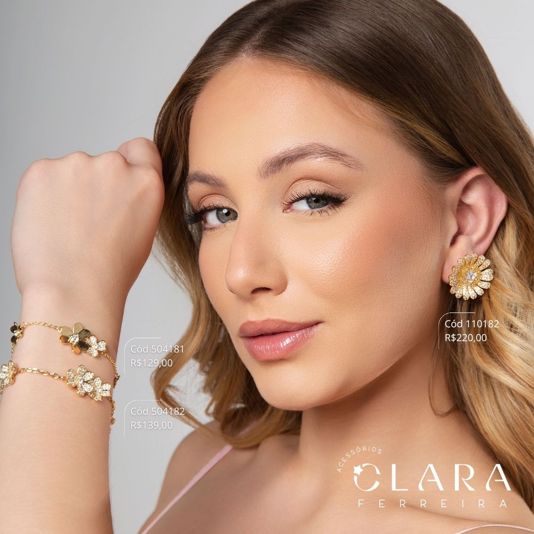 PULSEIRA ELOS C/ 5 FLORES DE MICROZIRCÔNIAS, COM MIOLO DE ZIRCÔNIA - 15MM - 17CM - Dourado