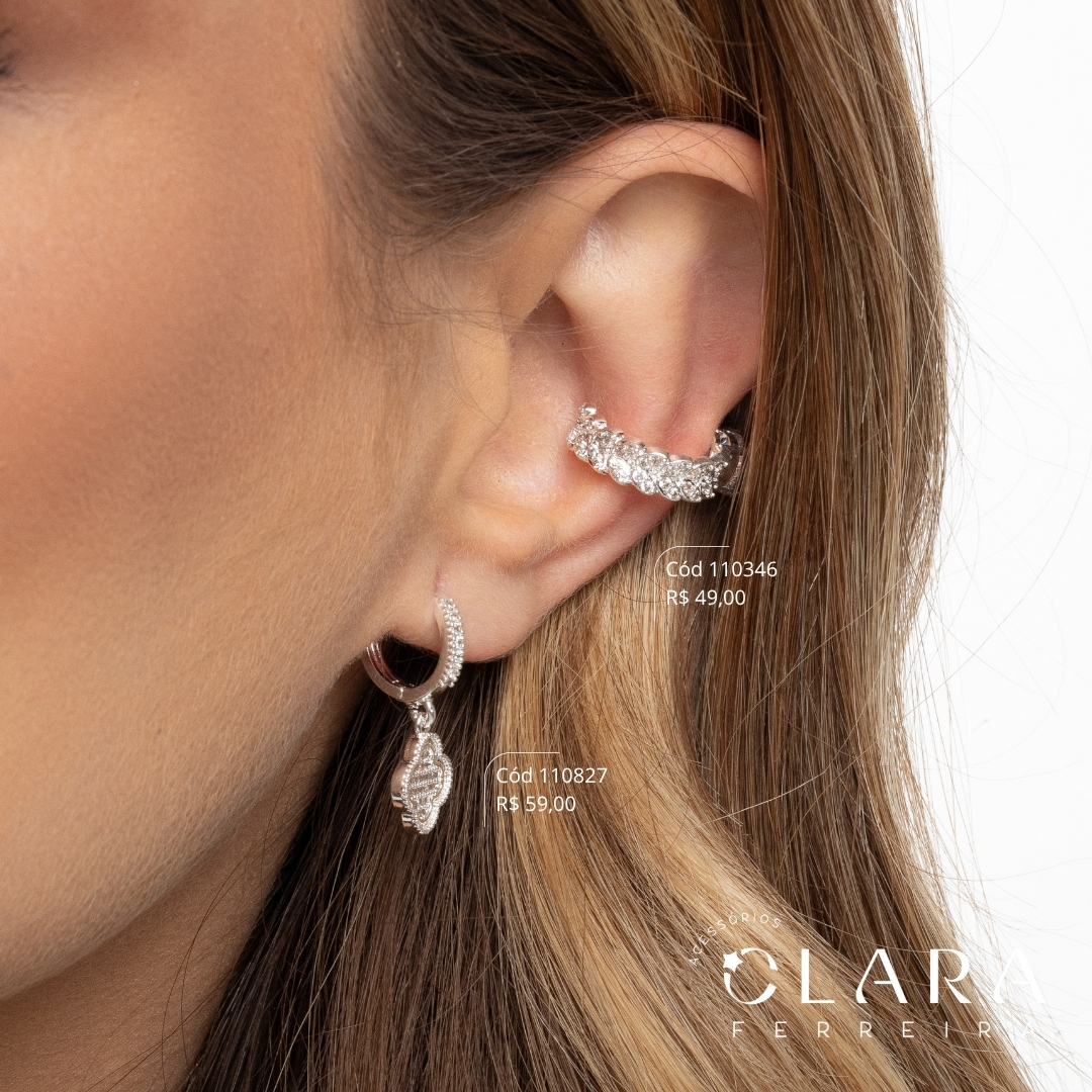 BRINCO PIERCING FAKE FOLHAS MICROZIRCÔNIAS C/ 1 ZIRCÔNIA REDONDA 5MM - 5MM - Banho de Prata - PEÇA VENDIDA