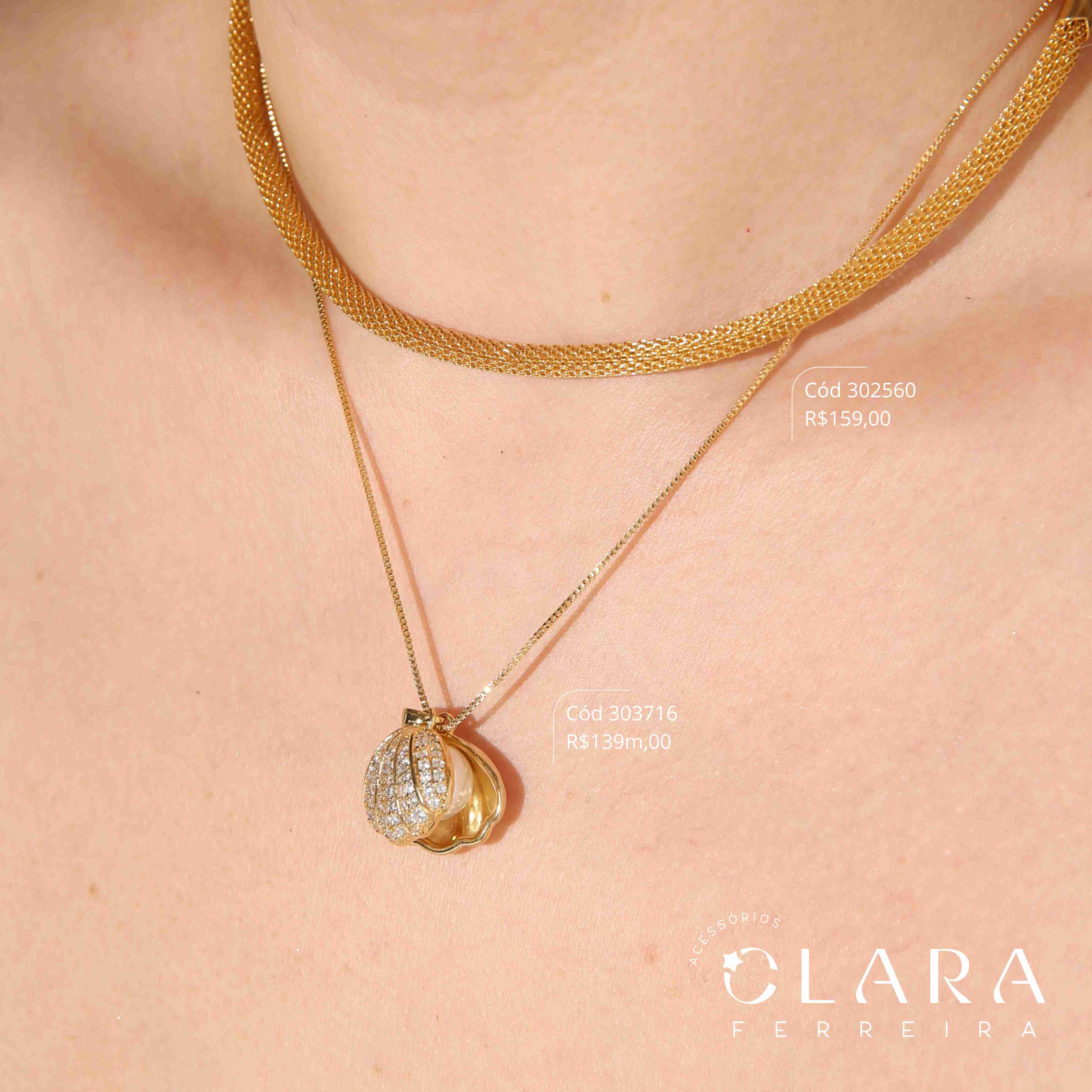 COLAR VENEZIANA C/ PINGENTE CONCHA DE MICROZIRCÔNIAS, C/ 1 PÉROLA 10MM DENTRO - EDIÇÃO LIMITADA - 18MM - 45CM - Dourado