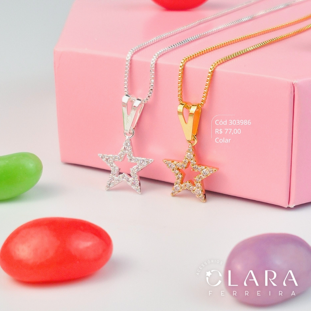 COLAR INFANTIL VENEZIANA C/ PINGENTE ESTRELA MICROZIRCÔNIAS VAZADA - CLARINHA KIDS - 14MM - 35CM - Dourado