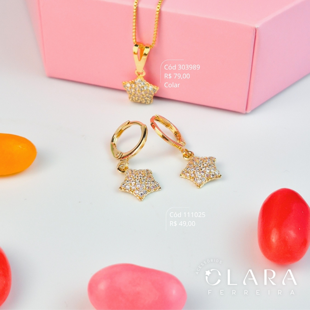 BRINCO INFANTIL ARGOLINHA TRANQUETA C/ PINGENTE CHUVEIRINHO ESTRELA MICROZIRCÔNIAS - CLARINHA KIDS - 13MM - Dourado