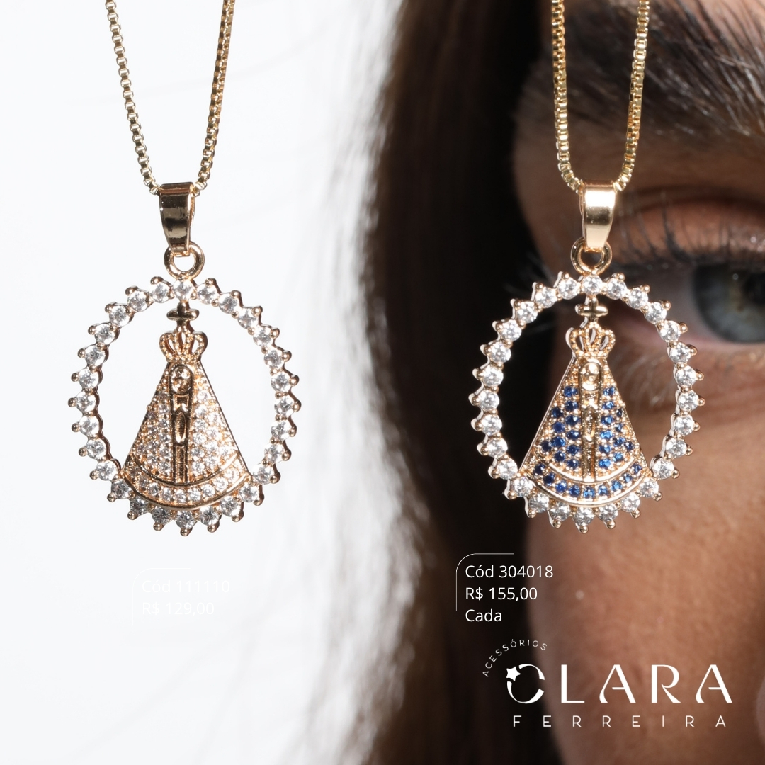 COLAR VENEZIANA C/ MANDALA NOSSA SENHORA MANTO MICROZIRCÔNIAS ADORNADA ZIRCÔNIAS REDONDAS - 24MM - 45CM - Dourado