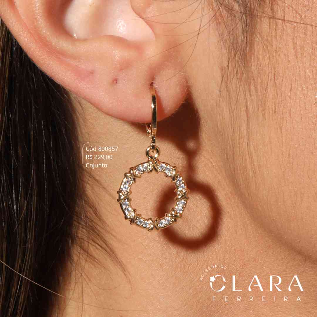 CONJUNTO CONJUNTO COLAR ELOS C/ PINGENTE E BRINCO CÍRCULO VAZADO ESTILO FIO TORCIDO LISO E FIO 2 FILEIRAS MICROZIRCÔNIAS - 15 E 23MM - Dourado