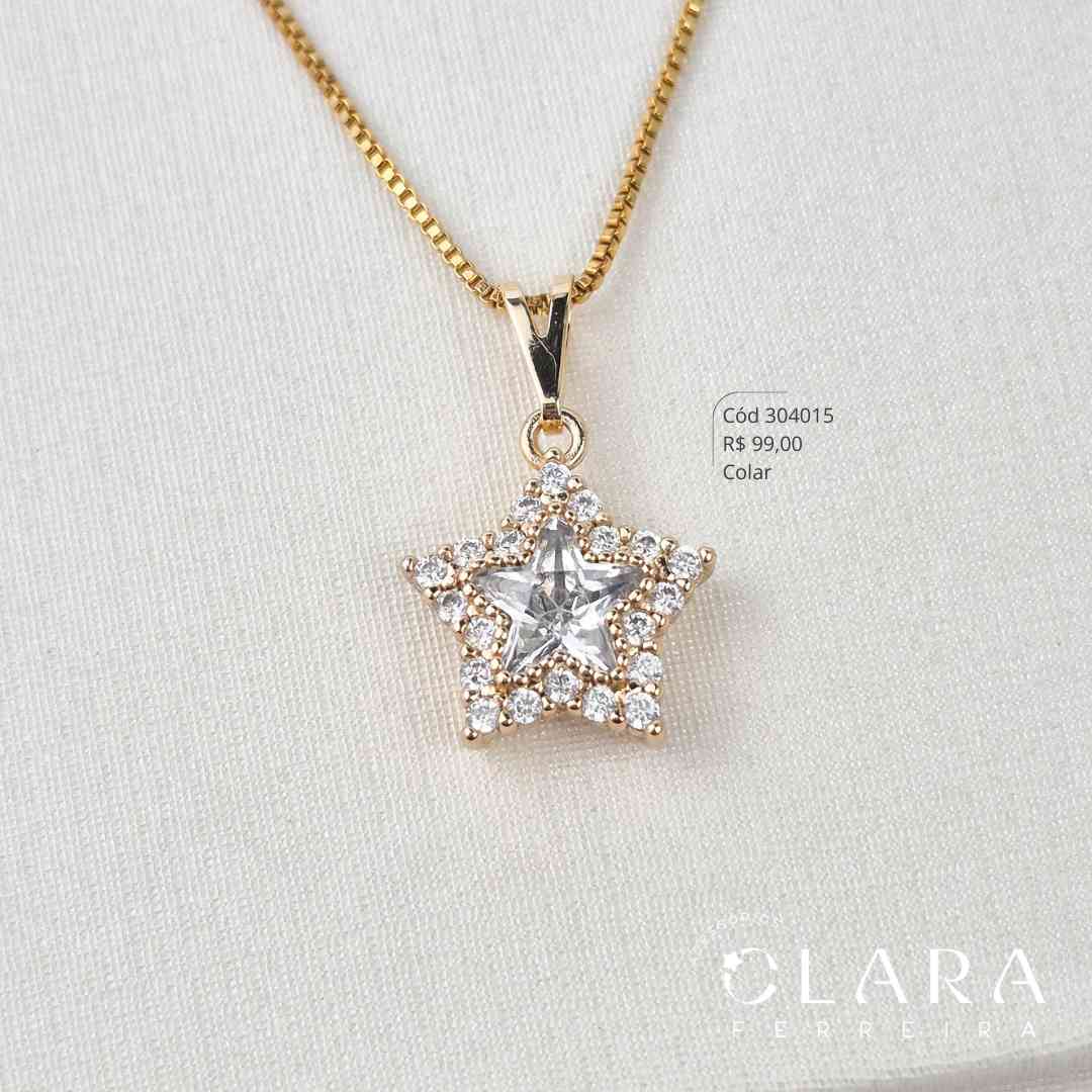 COLAR VENEZIANA C/ PINGENTE ZIRCÔNIA ESTRELA ADORNADA 1 FILEIRA MICROZIRCÔNIAS - 15MM - 45CM - Dourado