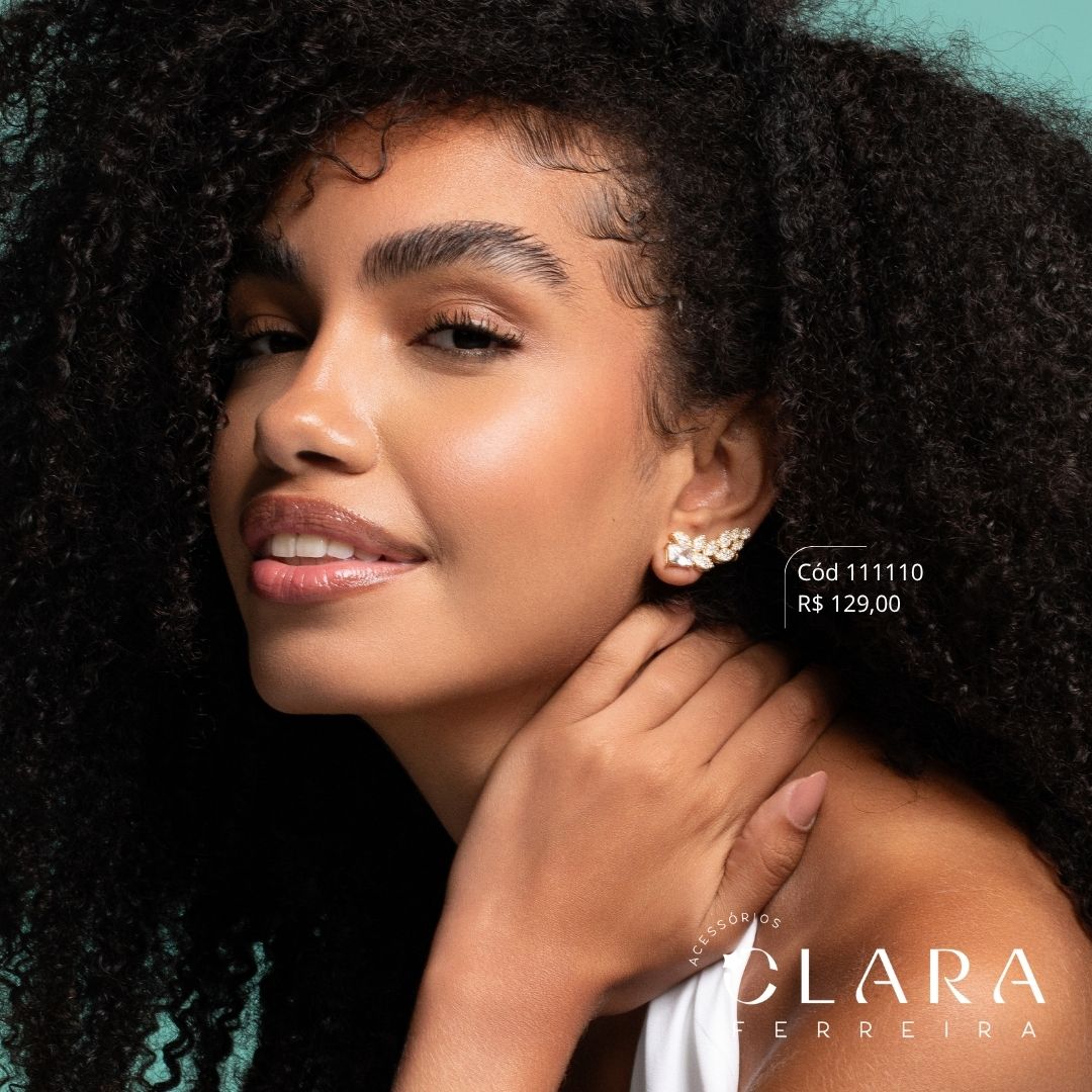 BRINCO EAR CUFF FOLHAS MICROZIRCÔNIAS C/ ZIRCÔNIA RETANGULAR NA BASE - Dourado