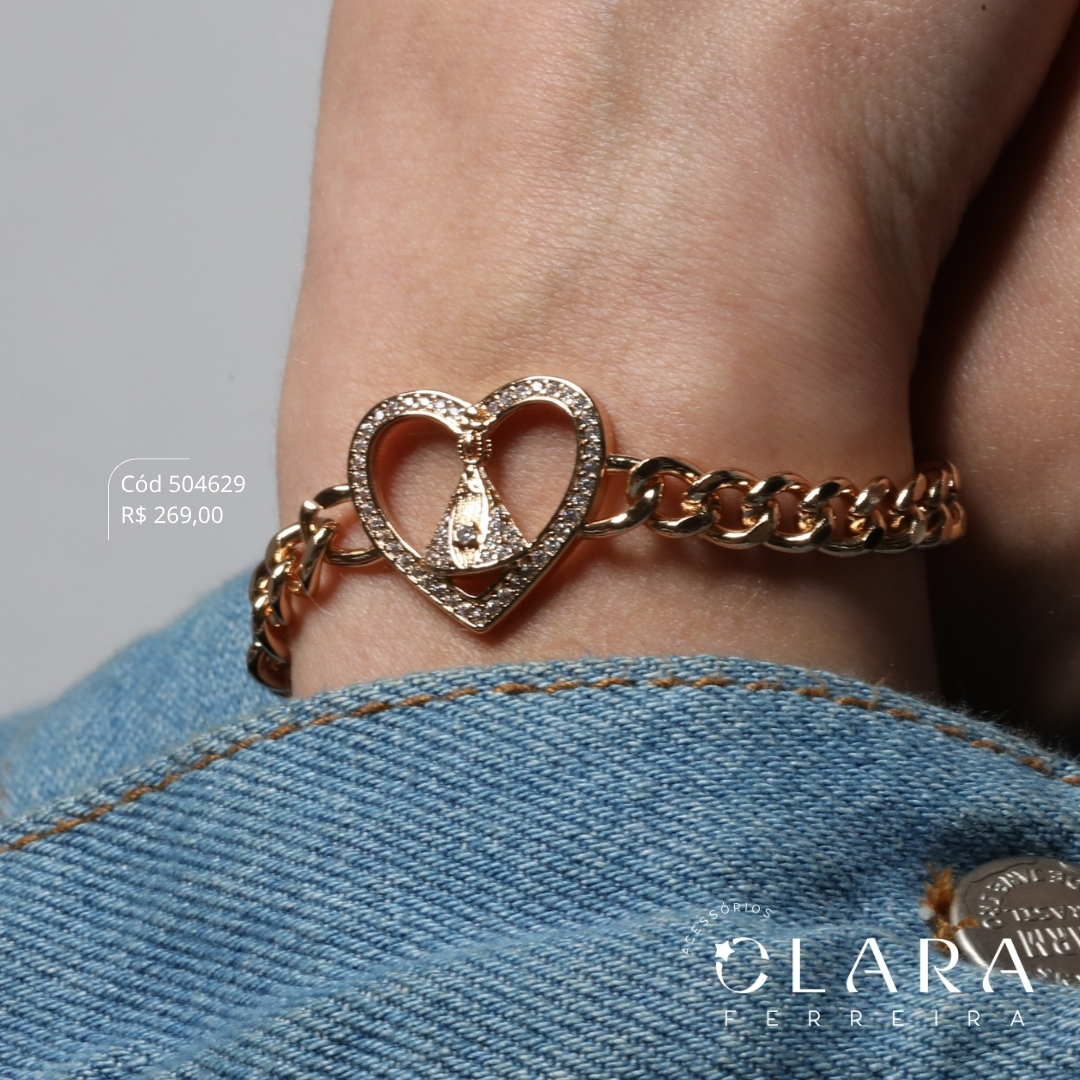 PULSEIRA ELOS GRUMET 1X1 C/ MANDALA CORAÇÃO VAZADO C/ NOSSA SENHORA MICROZIRCÔNIAS - 19MM - 19CM - Dourado