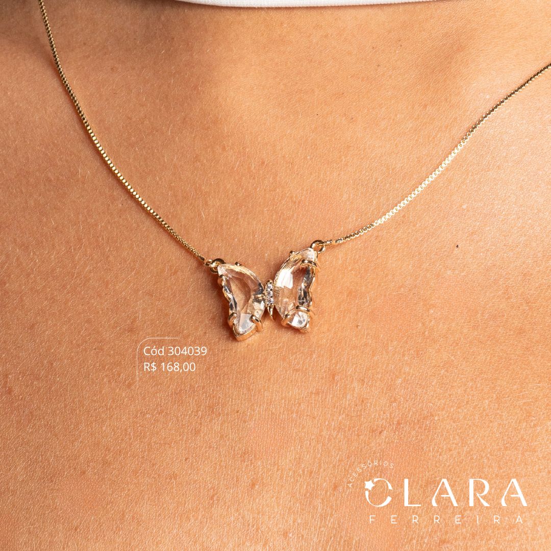 COLAR VENEZIANA C/ PINGENTE BORBOLETA ASAS ZIRCÔNIA - 12MM - 45CM - Dourado