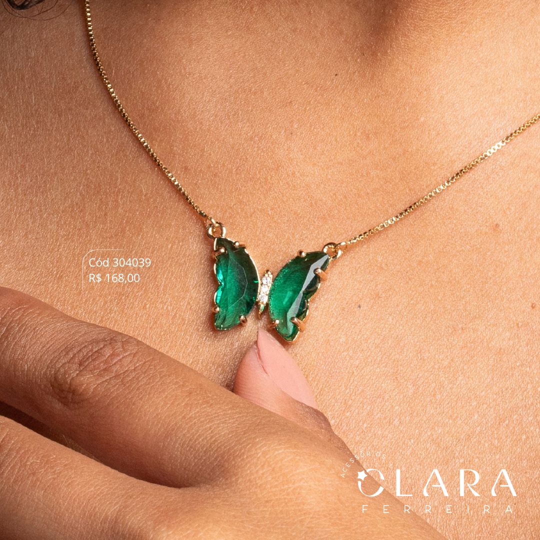 COLAR VENEZIANA C/ PINGENTE BORBOLETA ASAS ZIRCÔNIA - 12MM - 45CM - Dourado