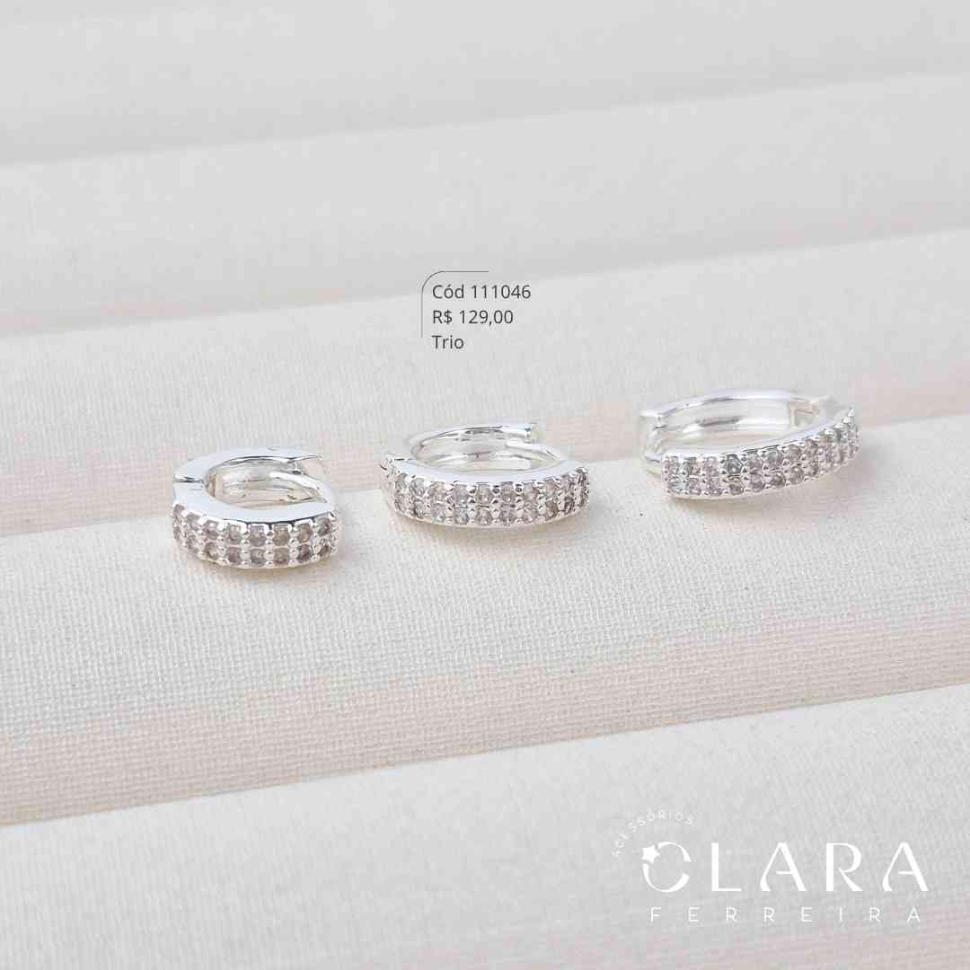 BRINCO KIT TRIO ARGOLINHA CLICK 2 FILEIRAS MICROZIRCÔNIAS S/ BORDA - 9, 11 E 12X3MM - Banho de Prata