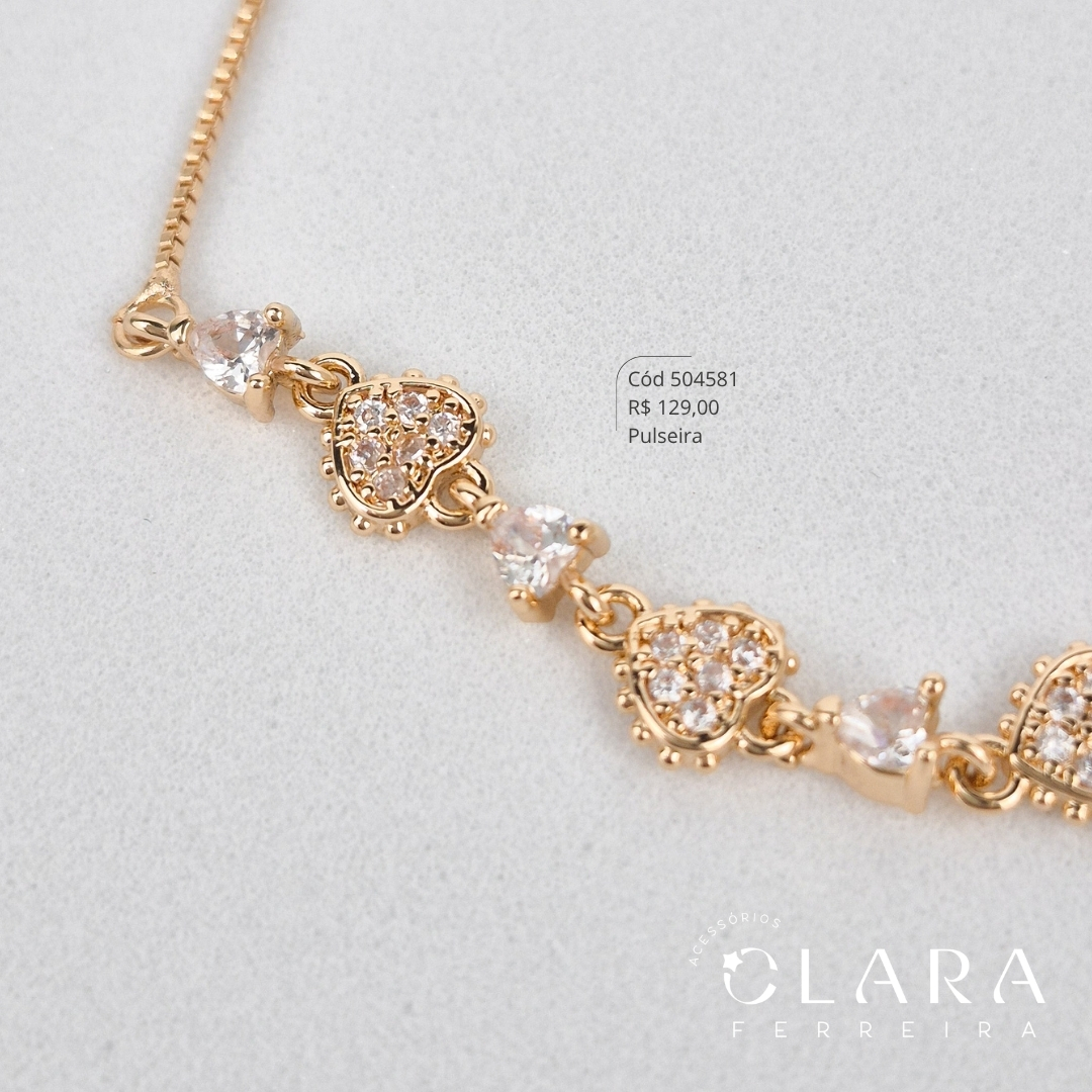 PULSEIRA AJUSTÁVEL VENEZIANA C/ MEIO 3 CORAÇÕES MICROZIRCÔNIAS E 4 ZIRCÔNIAS CORAÇÕES 3MM CAIXA COROA 3 GARRAS - Dourado