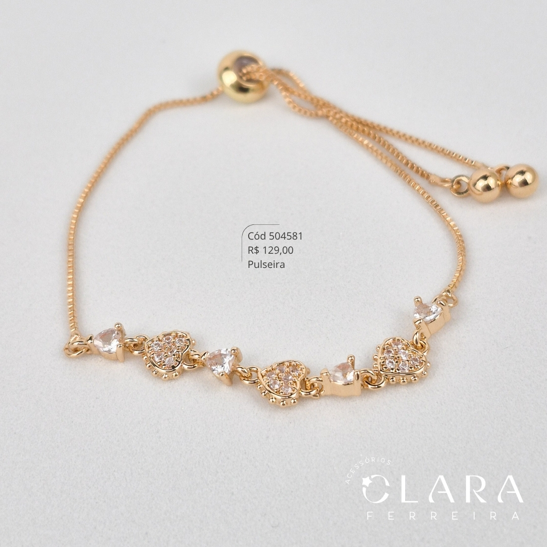 PULSEIRA AJUSTÁVEL VENEZIANA C/ MEIO 3 CORAÇÕES MICROZIRCÔNIAS E 4 ZIRCÔNIAS CORAÇÕES 3MM CAIXA COROA 3 GARRAS - Dourado