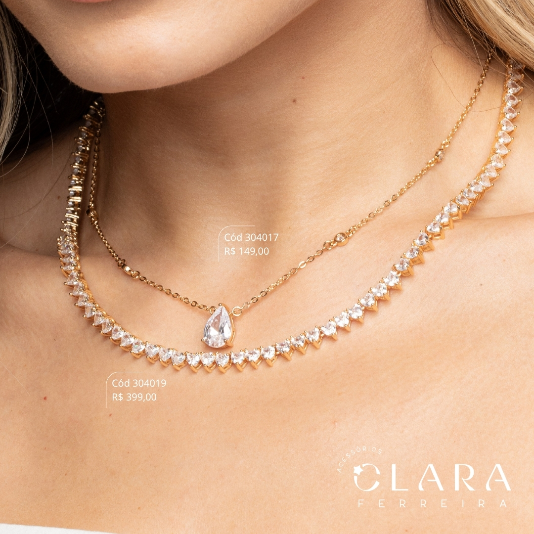 COLAR CHOKER RIVIERA 3 PONTAS ZIRCÔNIA CORAÇÃO 3MM C/ GAVETA FECHO ITALIANO - PEÇA EXCLUSIVA - 5MM - 40CM - Dourado