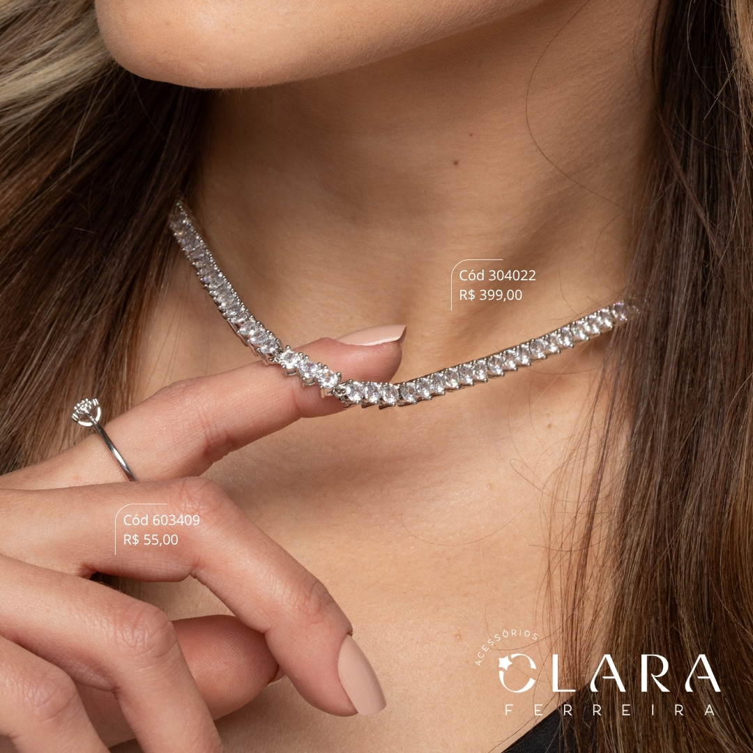 COLAR CHOKER RIVIERA 3 PONTAS ZIRCÔNIA REDONDA 3MM C/ GAVETA FECHO ITALIANO - PEÇA EXCLUSIVA - 5MM - 40CM - Ródio Branco