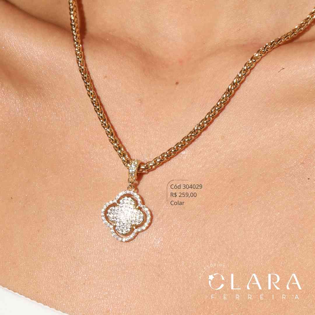 COLAR BALI PONTO PERUANO C/ TREVO VAN CLEEF ALHAMBRA MICROZIRCÔNIAS VAZADO - 19MM - 45CM - Dourado