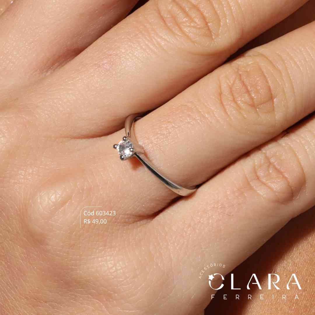 ANEL SOLITÁRIO ZIRCÔNIA REDONDA - 3MM - Ródio Branco