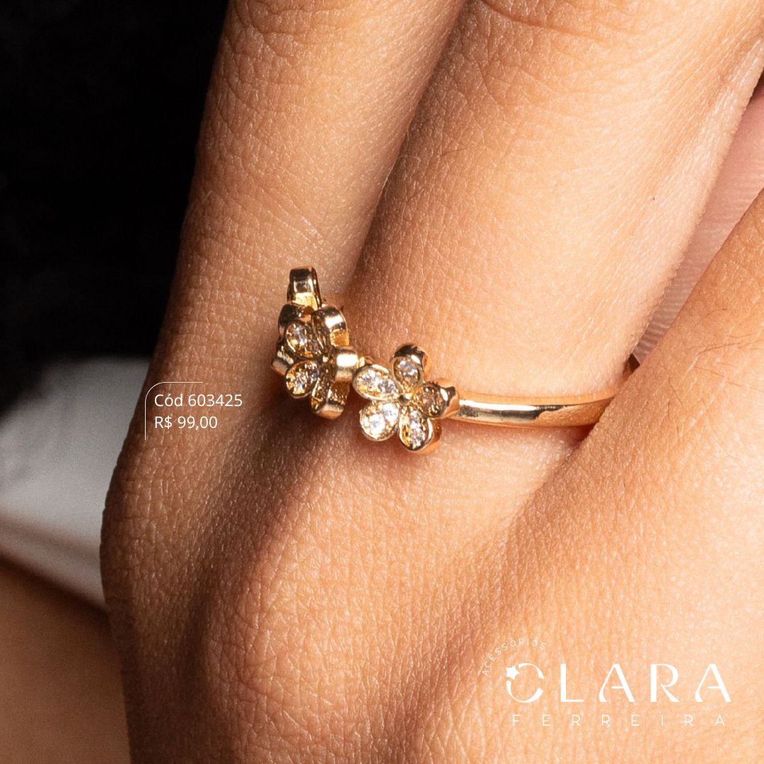 ANEL C/ 3 FLORES MICROZIRCÔNIAS - 7MM - Dourado