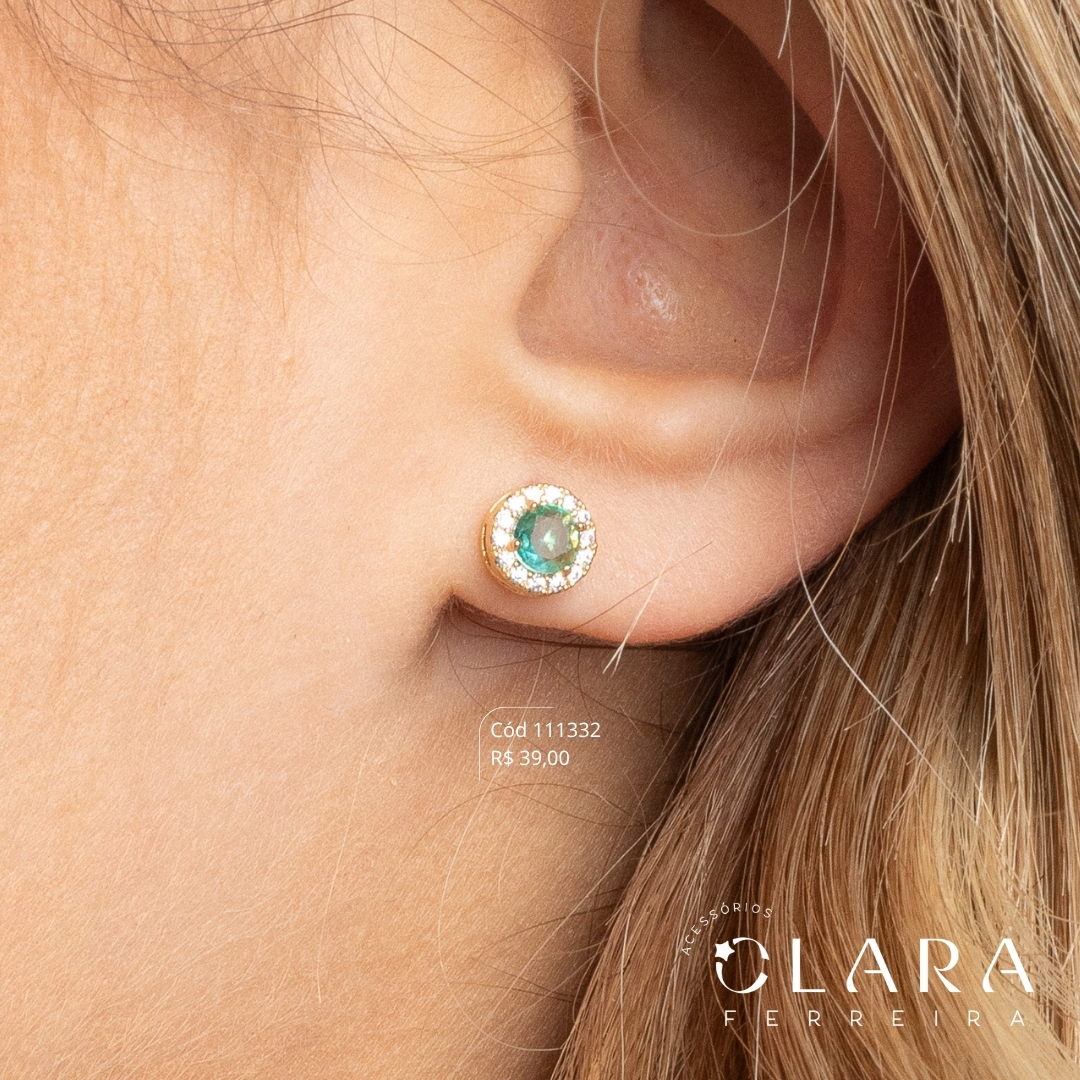 BRINCO ZIRCÔNIA VERDE ÁGUA REDONDA 3MM ADORNADA 1 FILEIRA MICROZIRCÔNIAS CAIXA INGLESA FUNDIDADA - 6MM - Dourado