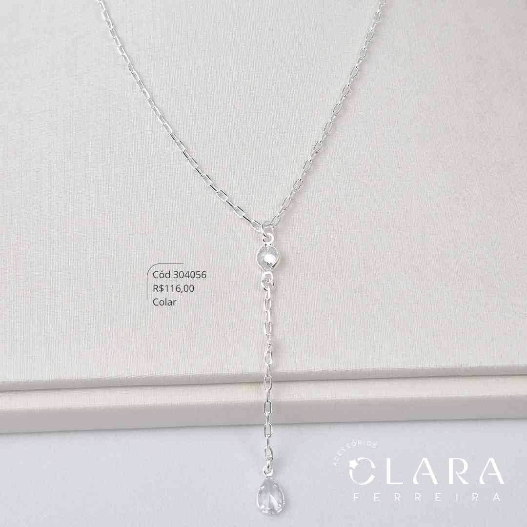 COLAR GRAVATINHA ELOS CARTIER TIFF C/ 2 ZIRCONIA FORMATO GOTA 6MM PENDURADA - 45CM - Banho de Prata