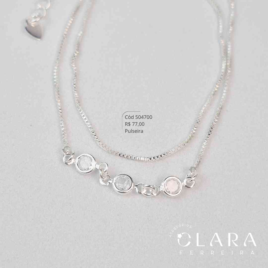 PULSEIRA DUPLA 2 FIOS VENEZIANAS: 1 FIO LISO E 1 FIO C/ 3 ZIRCONIA REDONDA 5MM FIXAS - 17CM - Banho de Prata